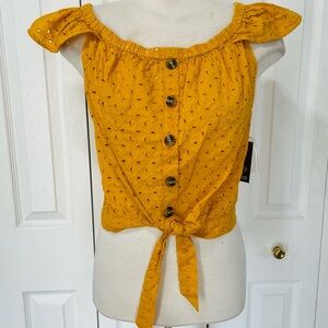 a.n.a Mustard Eyelet Button-Front Tie Crop Top